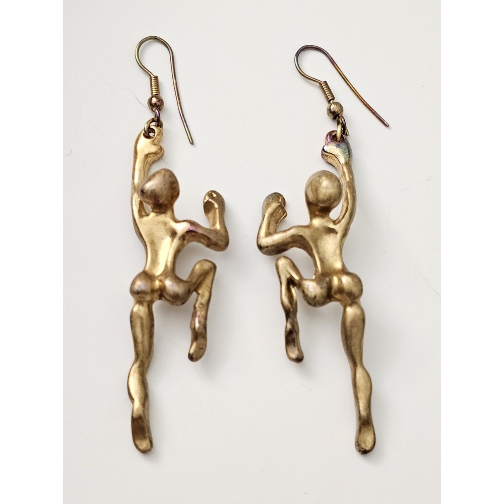 Vintage Abstract Nude Climbing Human Figure Dangle Earrings Gold Tone 3"
